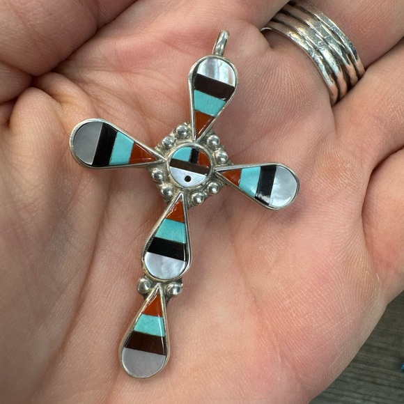 Zuni Native American Sterling Silver Inlay Cross-Signed - Picture 2 of 7